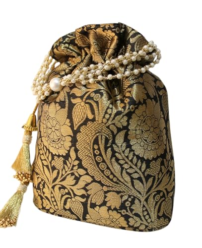 Image of MILAN'S CREATION Banarasi Silk Brocade Potli Bag Purse With Base Drawstring Women's handbag with Pearl Handle & Tassel Weddings