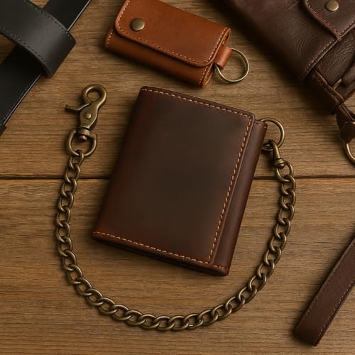 RFID Blocking Men's Tri-fold Vintage Leather Biker Chain Wallet With Snap Closure3