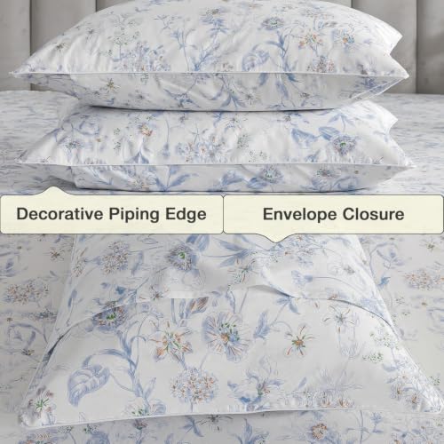 Image of Blue Floral Neutral Percale Bed Sheets King Size Deep Pocket, 4Pcs