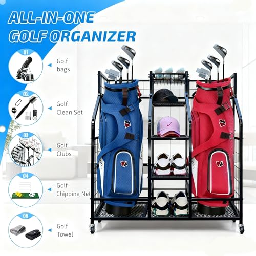 Golf-Bag-Storage-Organizer-Stand-with-Wheels-Heavy-Duty-Steel-Rack-Holds-2-Golf-Bags-with-Central-Storage-Shelf-for-Golf-Balls-Shoes-Accessories-Space-Saving-Garage-Golf-Club-Equipment-Holder