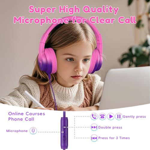 Image of Candy Bila Kids Headphones, Wired Headphones for Kids Over Ear with Microphone, 85 /94dB Volume Headphone for Girls Boys, Foldable Headphone for Learning & Entertainment, Deep Purple and Pink