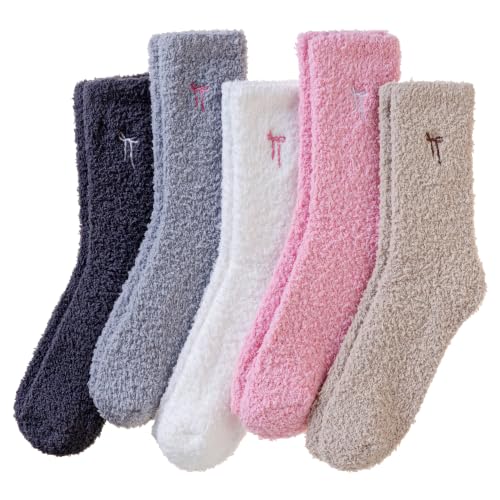 Image of Eocom Fuzzy Socks for Womens Warm Fluffy Winter Cozy Thick Plush Slipper Sleep Comfy Crew Christmas Socks 5 Pairs