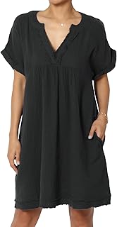 Women's Casual Loose Short Sleeve V Neck Cotton Gauze Babydoll Shift Mini Dress - Buy now