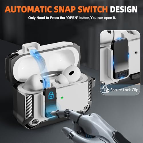 Image of for AirPods Pro 1st /2nd Case with Lock & Phone Stand(White) | Automatic Snap Switch Lock,Carbon Fiber Texture Design Cover with Cleaner Kit