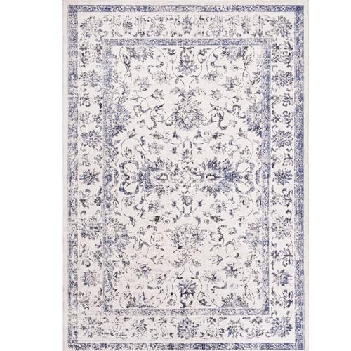 Image of Washable Rug 8x10 for Living Room - Navy Blue Stain Resistant Urtla Thin Area Rugs with Non Slip Rubber Backing - Indoor Floor Carpet for Dining Room Home Office Dorm, Blue /White