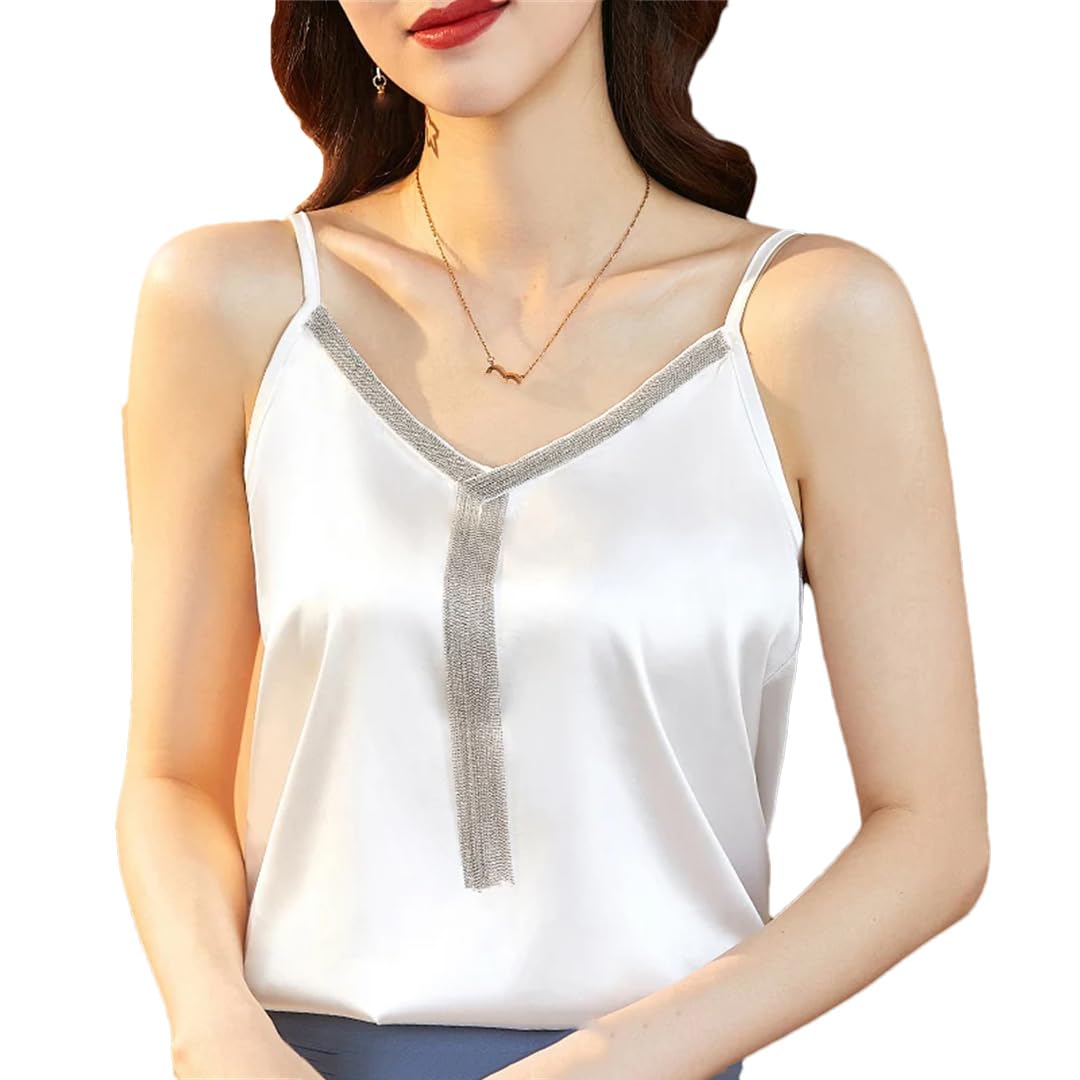 Camicette da donna in raso con scollo a V e nappe estive in seta senza