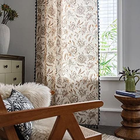Boho Floral Cotton Window Curtains with Tassels Farmhouse Semi-Blackout Curtain Drapes , Vintage Window Curtains for Bedroom Living Room Rod Pocket (Vintage Floral, 59" W x 63" L,1 Panel) Cover