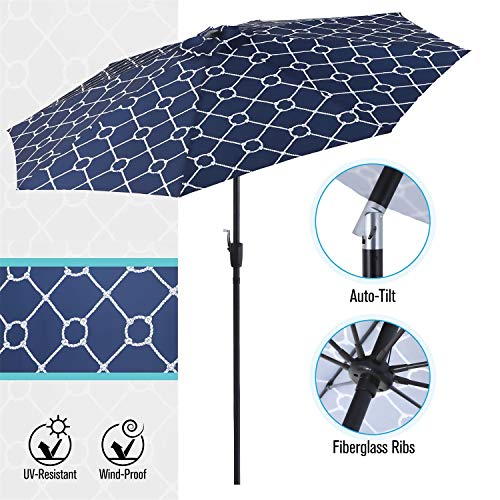 PHI VILLA 9ft Fiberglass Patio Umbrellas, Outdoor Printing Auto-Tilt Market Umbrella With 8 Sturdy Ribs, Navy Blue & White Printing