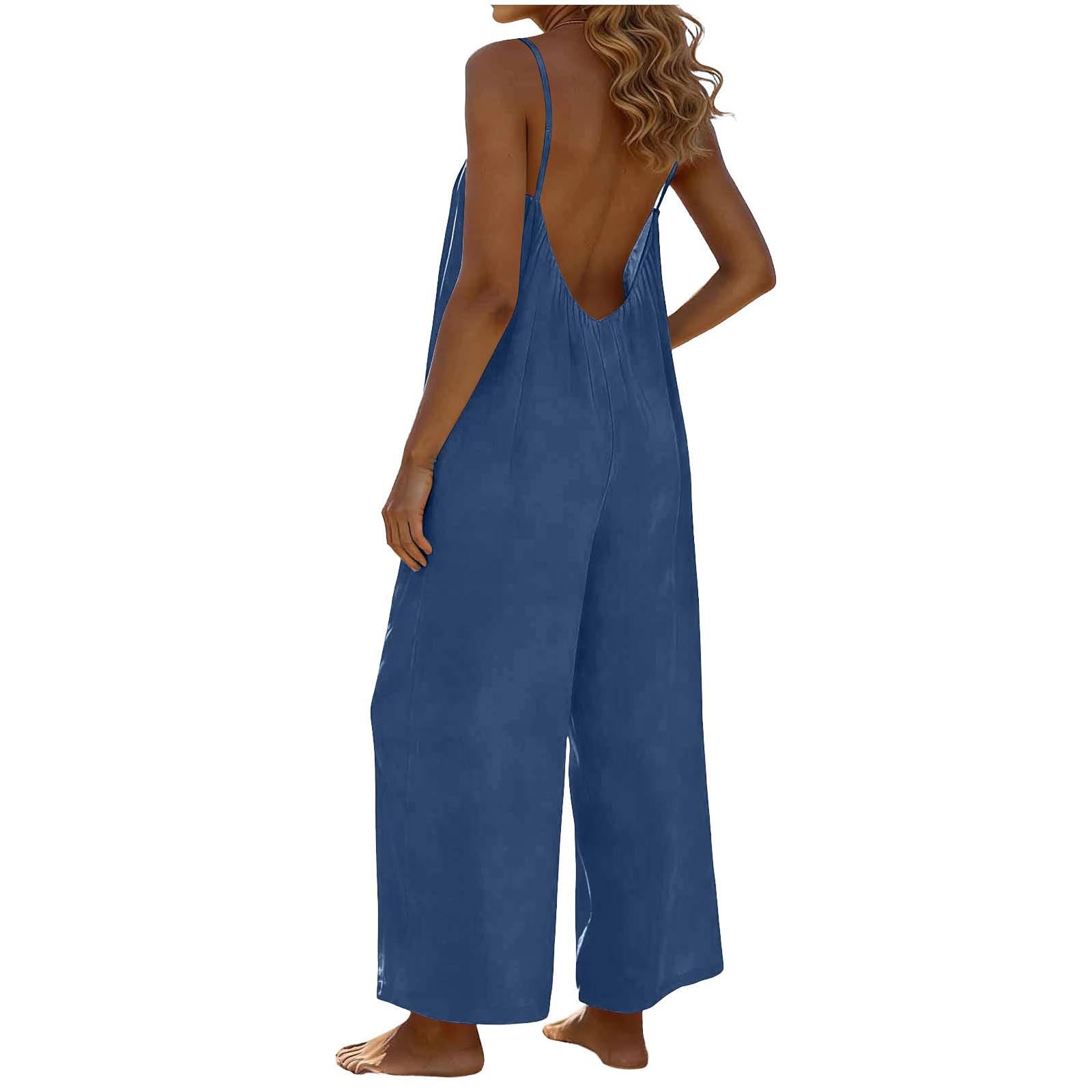 RLEHJN Jumpsuit Damen Sommer,Ärmellos Overall Lang Casual Hosenanzug Sexy V-Ausschnitt Spaghettiträger Romper Loose Fit Playsuit Elegant Einteiler Weites Bein Latzhose Freizeithose mit Taschen