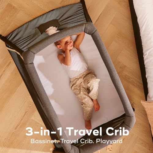 Image of Babymoov Moov & Comfy 3-in-1 Lightweight Travel Crib, Baby Play Yard, and Infant Bassinet, Charcoal Grey