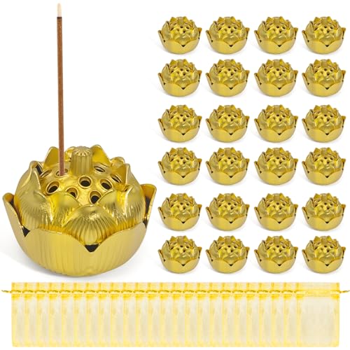 24 Pack Return Gifts for Pooja, Gold Lotus Incense Holder with Organza Bags & Fire Cotton, Copper Alloy Incense Burner for Indian Wedding Diwali Housewarming for Guests