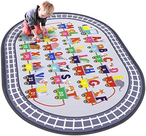 HiiARug Kids Play Rug Oval ABC Alphabet Numbers Educational Rug Train and Road Rug Baby Play Mat Learning & Game Area Rug for Bedroom Playroom Decor (Grey, 3’3″ x 5′)