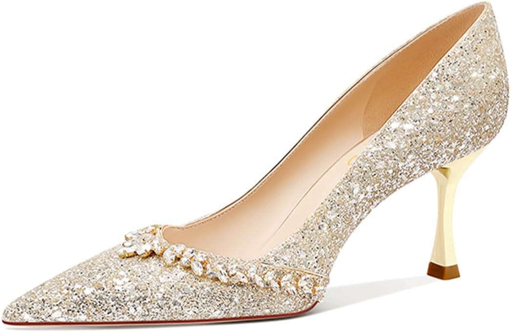 XYD Women Crystals Bejeweled Wedding Pumps Closed Pointed Toe Mid Heels Slip-ons Prom Evening Bridal Shoes