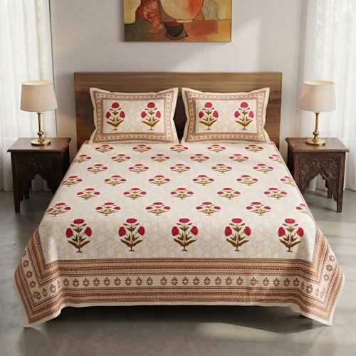 Image of Mafatlal 144 TC Heritage Pure 100% Cotton Double Bed Sheet with 2 Pillow Covers (90x108 inches)| Bedsheet for Queen Bed Cotton, Light Sand Jaipuri