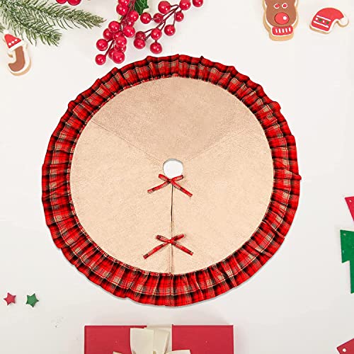 Ourwarm Burlap Christmas Tree Skirt 48 Inches Red Black Plaid Ruffle Edge Border Large Linen Round Indoor Outdoor Mat Xmas Party Holiday Decorations #TOP3