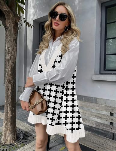 Image of HOTOUCH Women Sweater Vest Oversized V Neck Sleeveless Knit Pullover Ribbed Vest Dress with Pockets