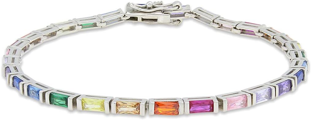 AFFY 14k Gold Plated 925 Sterling Silver Colourful Bar Setting Rainbow Baguette Sparkling Multi Color Sapphire Gemstone Tennis Bracelet, Jewelry for womens