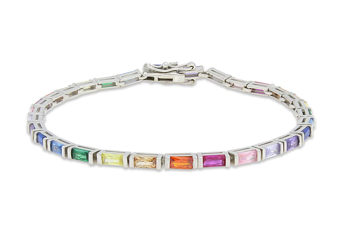 AFFYAFFY 14k White Gold Plated 925 Sterling Silver Colourful Rainbow Baguette Sparkling Multi Color Gemstone Tennis Bracelet, Gift For Her