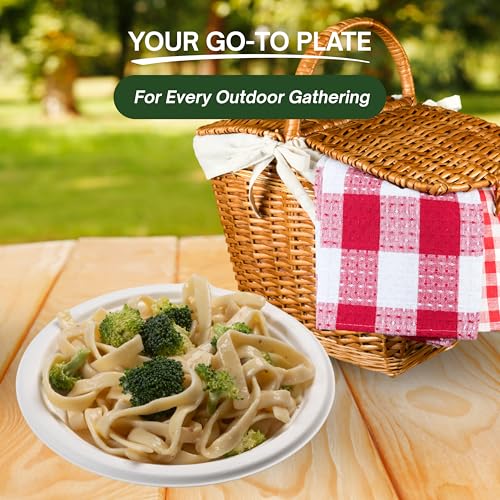 Image of FSE 100% Compostable Round Paper Plates, 7 Inch, Heavy Duty Disposable Plates, Eco-Friendly Unbleached Bagasse, Microwave Safe, (Case of 1000)