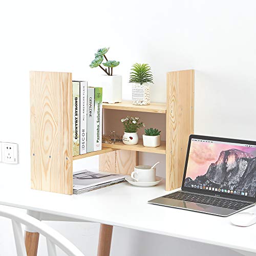 Liry Products Beige Adjustable Extendable Natural Wood Desktop Organizer Caddy Desk Organizer Countertop Shelf Bookcase Display Stand Rack Expandable Storage Office Home