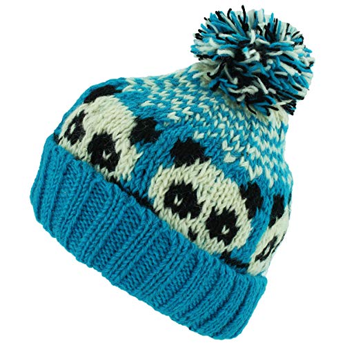 Bonnet à pompon panda en laine bleu doublé polaire pour garçon et fille