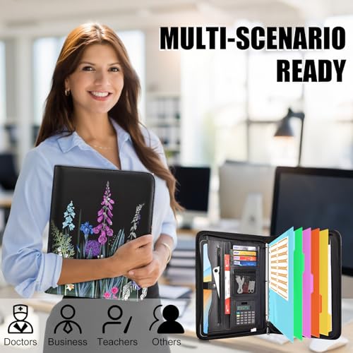Image of Eshow Portfolio Organizer - 3 Ring Binder with Zipper, Vegan Leather Business Padfolio Folder with Notepad Includes 5 Color Sheet Protectors for Documents Files for Men Women