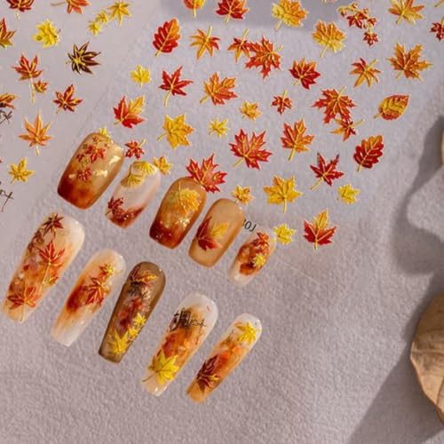 Image of Autumn Maple Leaf Nail Stickers 5D Embossed Fall Nail Decals for Nail Art | Gold Red Leaves Nail Art Stickers with Design Self Adhesive Nails Charms Supply for Women Manicure Decoration Accessories