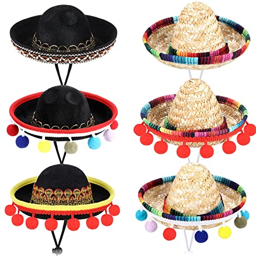 6 Pcs Mini Chapeaux Mexicains Petit Sombrero de Fête Chapeau de Paille Tissée Chapeaux de Costume Chapeau de Soleil pour Chien Chat Animaux de Compagnie Décorations de Fête Carnaval Fiesta