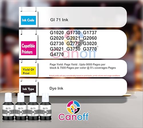 Image of CANOFF GI 71 Ink Compatible for Canon Printer G1020 G1730 G1737 G2020 G2021 G2060 G3020 G3730 G3770 G4770 (Gi-71 Black 4pc. x 135ml)
