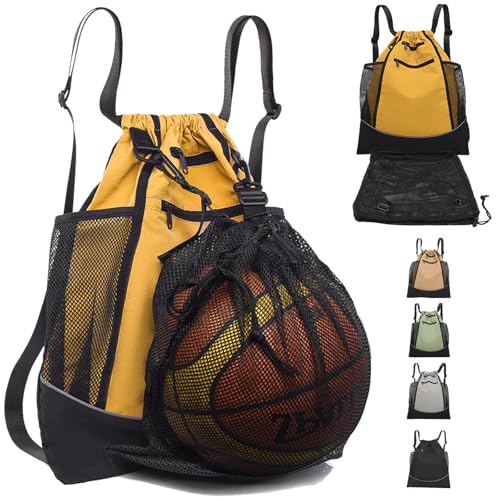 AUNGKWANG Mochila Deporte Niño, Mochila Deportiva Con Cordón Para Baloncesto, Mochilas De Fútbol Red Portátil De Pelota, para Pelotas Baloncesto, Fútbol, Voleibol (Amarillo)