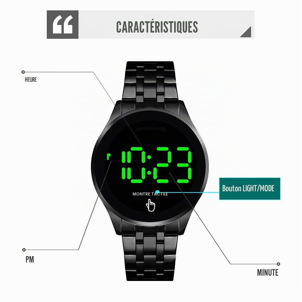Gosasa Montre de poignet en acier inoxydable avec écran tactile numérique LED, imperméable, pour homme et femme, sportif, décontracté, Noir