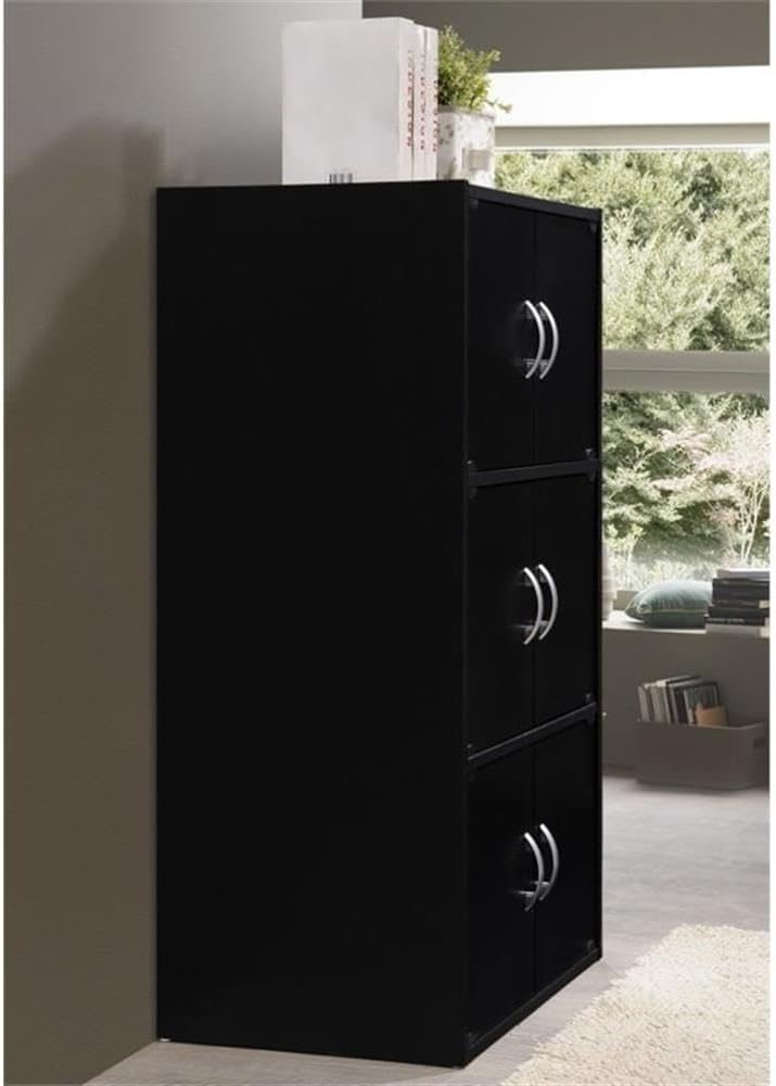 Pemberly Row 3 Shelf 6 Door Bookcase, 41 in H x 23.4 in W x 15.5 in D, Wood Construction, Black Finish, Slim Vertical Bookshelf, Multipurpose Organizer for Home Office, Bedroom, or Kids Room