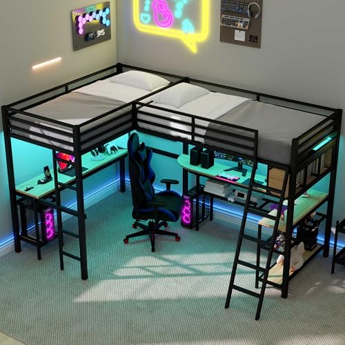 LUMISOL Twin Size Loft Bed with LED and Storage Shelves for 2 Kids Teens, Metal Double Loft Beds Frame with 2 Desks and 2 Charging Stations, Twin L-Shaped Loft Bed Frame, Save Space, Black