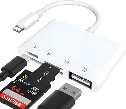 Adaptador Lightning para lector de tarjetas SD TF, rosyclo Apple MFi certificado 4 en 1 USB OTG kits de conexión de cámara cable de carga para