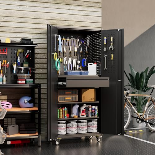 Image of 71 inchH Garage Storage Cabinet with Wheels, Drawer, Pegboard and 16 Hooks, Metal Storage Cabinet with Locking Doors and 2 Adjustable Shelves for Garage, Warehouse, Home, Black, Assembly Required
