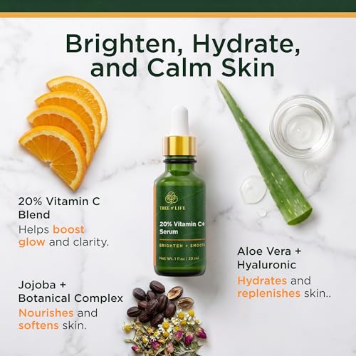 Image of Tree of Life 20% Vitamin C+ Serum for Face - Brightening and Hydrating Face Oil for Dark Spots and Fine Lines - Suitable for Sensitive Skin - Dermatologist Tested Skin Care - 1 Fl Oz