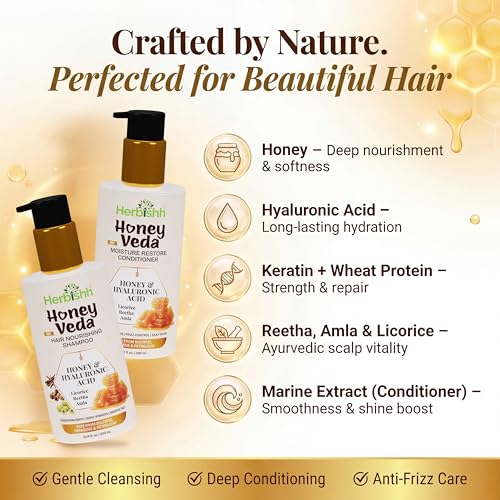 Image of Herbishh Honey Shampoo and Conditioner Combo Pack of 2 (300ml + 300ml) - Sulfate Free Hair Care Set for Dry & Frizzy Hair, Moisture Restore Formula with Keratin, Amla, Reetha & Licorice Extracts