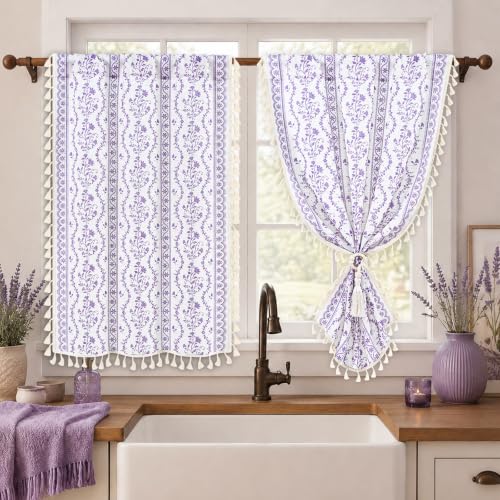 Image of Yinhua Boho Kitchen Curtains 36 Inch Length Vintage Linen Cafe Curtains Light Filtering Bohemian Floral Tier Rod Pocket Farmhouse Rustic Tassel Small Drapes with Tiebacks, 2 Panels, White Purple