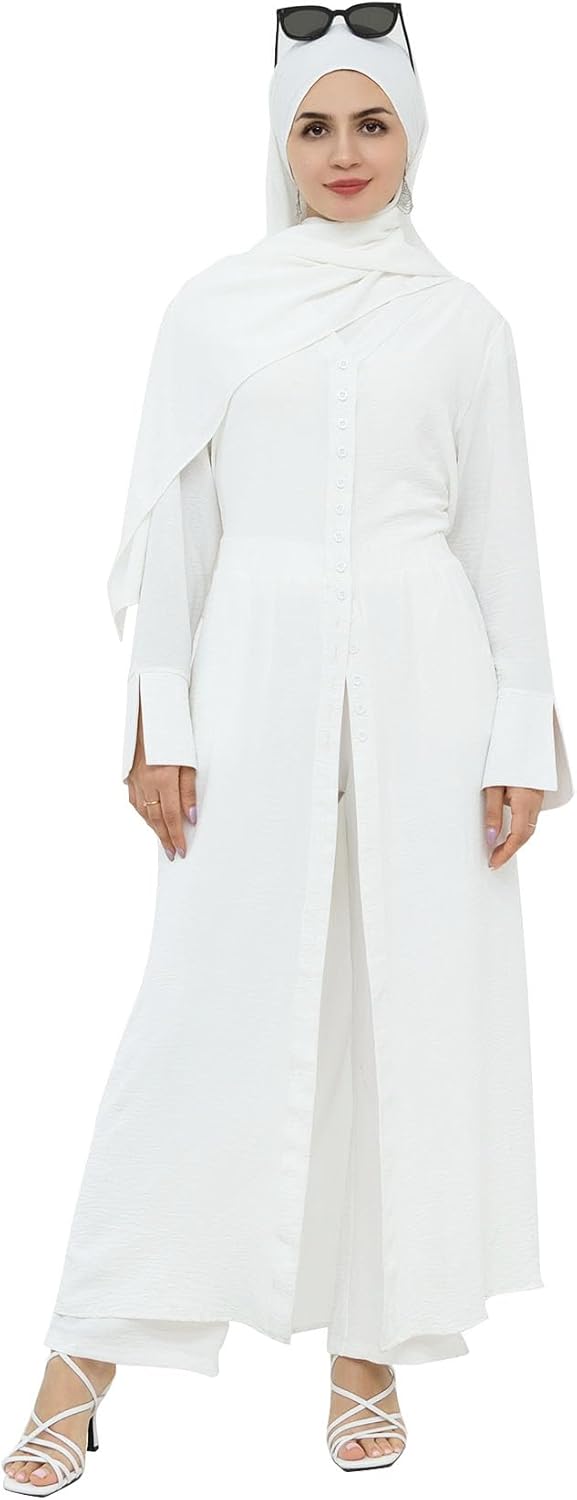 Abaya Dress for Women Muslim Modest Prayer Clothes 2pcs Dubai Cool Suit Arabic Daily Comfort Outfits(Long Top+Pants)