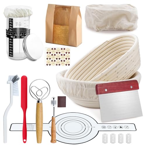 Kit Completo para Masa Madre 12 Piezas:Cesta para Pan Ovalada 25 cm y Cesta Redonda 23 cm,Banda de Silicona para Pan,Tarro de Fermentación para Levadura,Set de Raspadores para Bowl y Masa