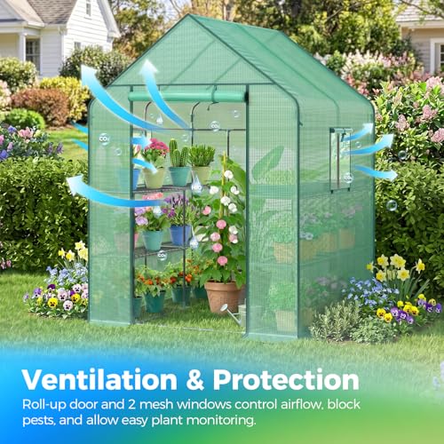 Image of Ohuhu Greenhouse for Outdoors with Screen Windows, 57 x 57 x 76'' Walk in Plant Greenhouses Heavy Duty with Durable PE Cover, 3 Tiers 12 Shelves Stands Plastic Portable Green House with Shelf Clips