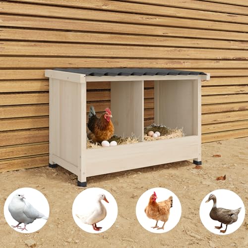 TRYKERPET Chicken Nesting Box, 2 Holes Wooden Nesting Box, Hens-Wall Mounted or Floor Use, Chicken Coop Accessorie with PVC Roofing, Preventing Egg Falls, Easy to Assemble, Backyard and Farms