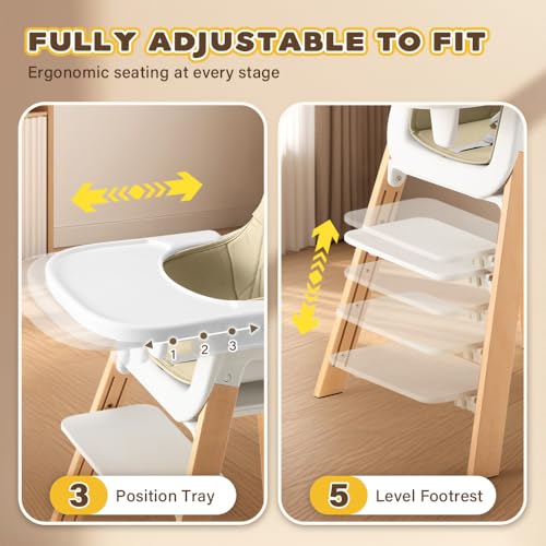 PlayPals 3-in-1 Baby High Chair, Solid Wood Highchair with 5 Point Harness and Food-Grade Tray, 5-Level Adjustable Footrest, Dining High Chair for Months Infants, Toddlers & Kids, Khaki - Image 6