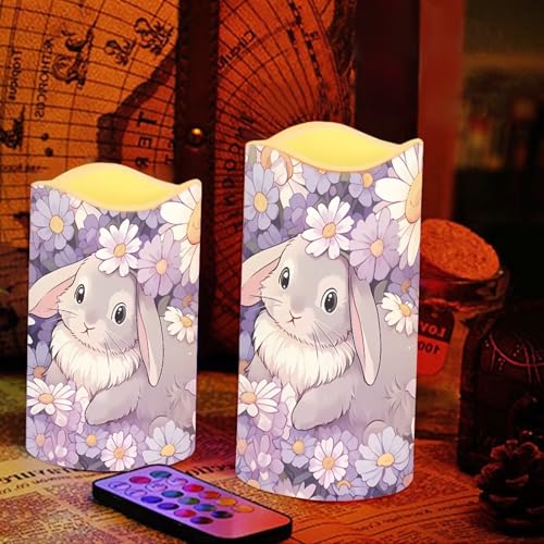 Image of Cute Bunny Puprle Daisy Flickering Flameless Candles with Remote LED Pillar Candles Battery Operated with Timer Color Changing Electric Candles Easter Decoration
