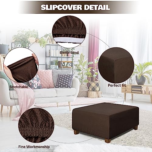 Image of NeColorLife Square Ottoman Cover Jacquard Fabric Thick Stretchable Slipcover for Oversized Square Ottoman Furniture Protector,X-Large,Brown