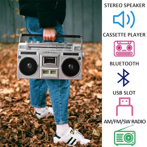 Bluetooth Boombox mit Kassettenspieler und AM/FM-Radio, wandelt Kassetten in Digital über USB/SD-Eingang um