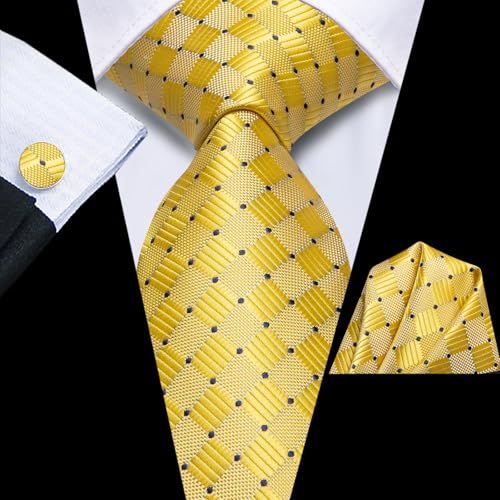 Image of Hi-Tie Men Silk Ties Set with Flower Lapel Pin Necktie Pocket Square Cufflinks for Tuxedo Wedding Business