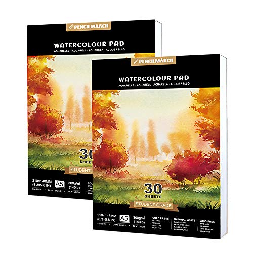2*A5 *30 Hojas Watercolour Paper ?60 Hojas para pintura de acuarela, prensado en frío, 140 lb / 300 g / m2, almohadilla de dibujo de acuarela, ideal para viajar