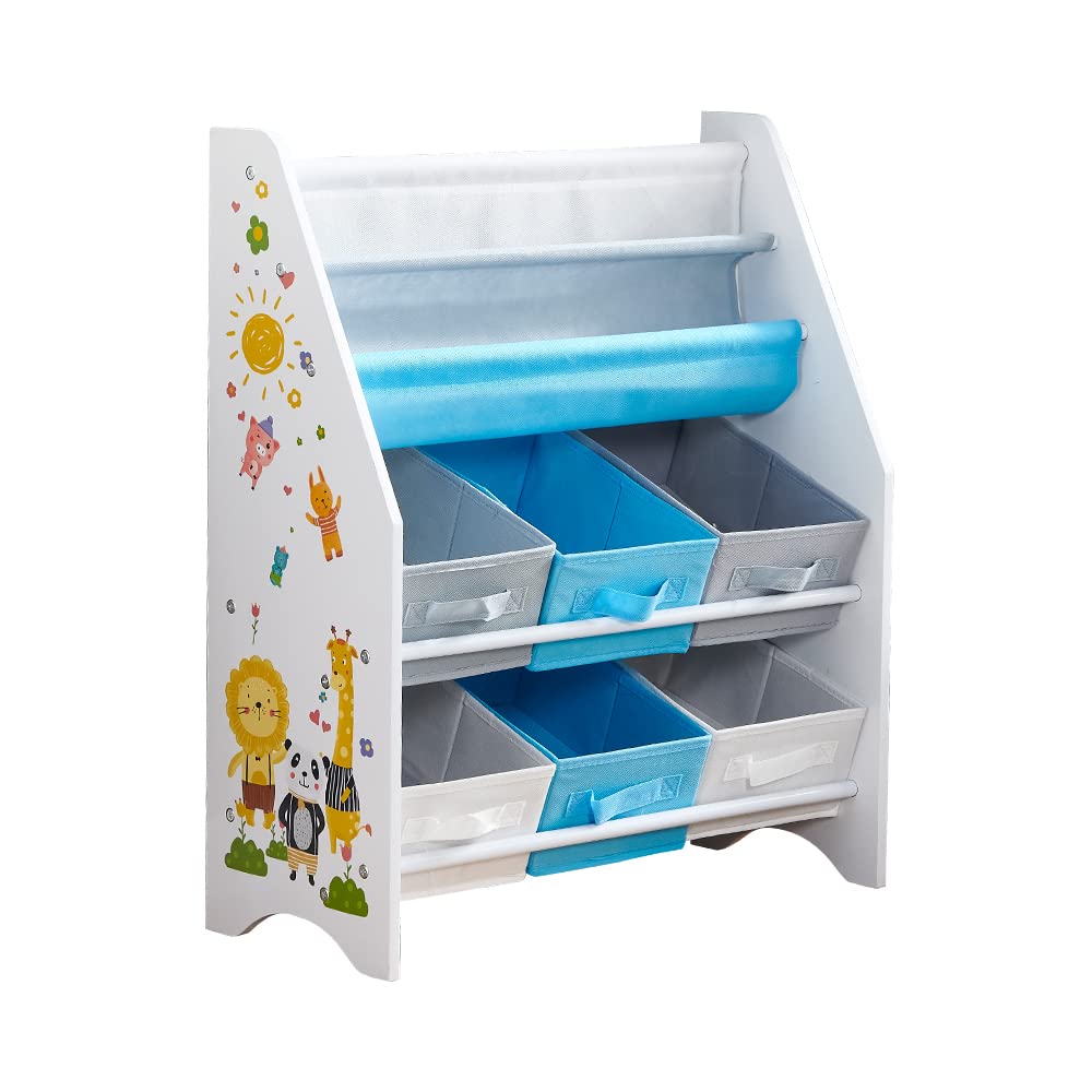 NICEME Bücherregal Kinder Spielzeugregal, Stabiler Organizer für Kinderzimmer, Spielzimmer, Kinderregal, Kinderbücherregal, Kindgerechte Höhe mit Abgerundeten Kanten (Blau Löwen-Muster, + 6 Boxen)