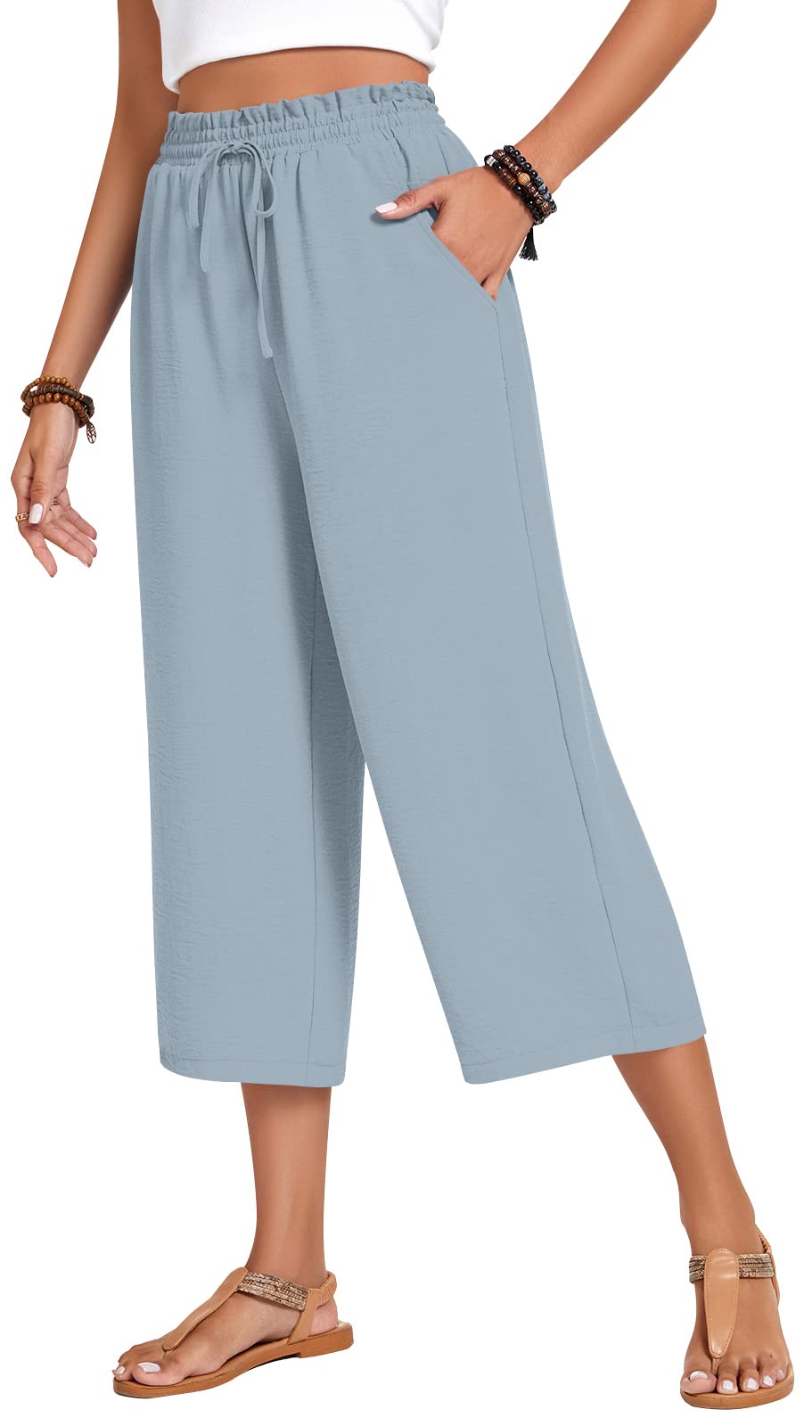 Anyhold Women's Capri Pants Drawstring Casual Palazzo Trousers with Pockets Loose High Waisted Wide Leg Lounge Pants